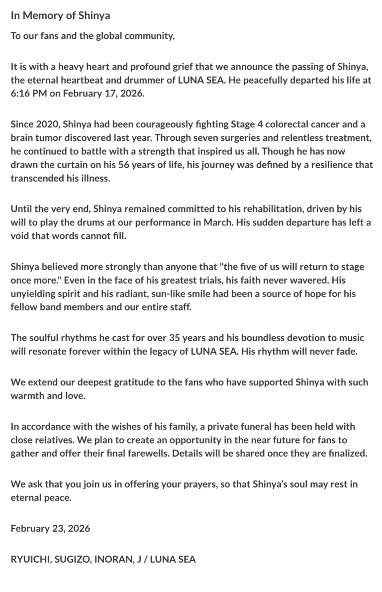 LUNA SEA’s obituary on Shinya’s passing